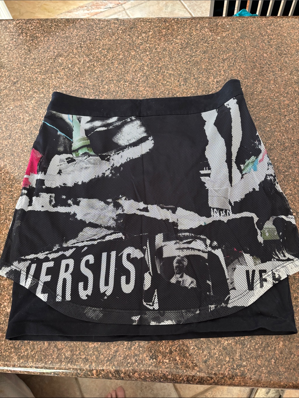 Versus Versace Ladies Y2k Black Mesh Overlay Graffiti/Newsprint Graphic-S